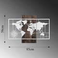 Decoratiune de perete, World Map Wıth Compass, 50% lemn/50% metal, Dimensiune: 85 x 58 cm, Nuc / Argint