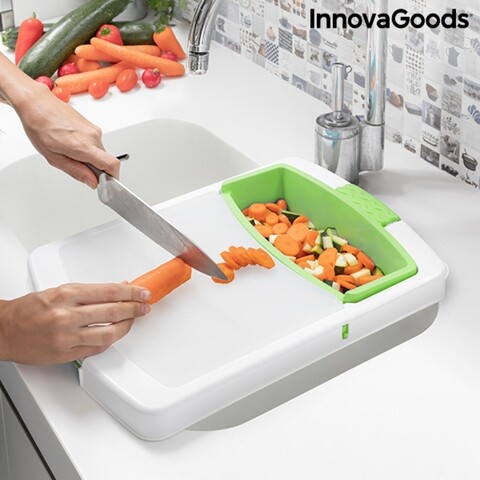 Tocator multifunctional cu tava, recipient si scurgator integrat 3-in-1 InnovaGoods, 41-48x28.5x7 cm