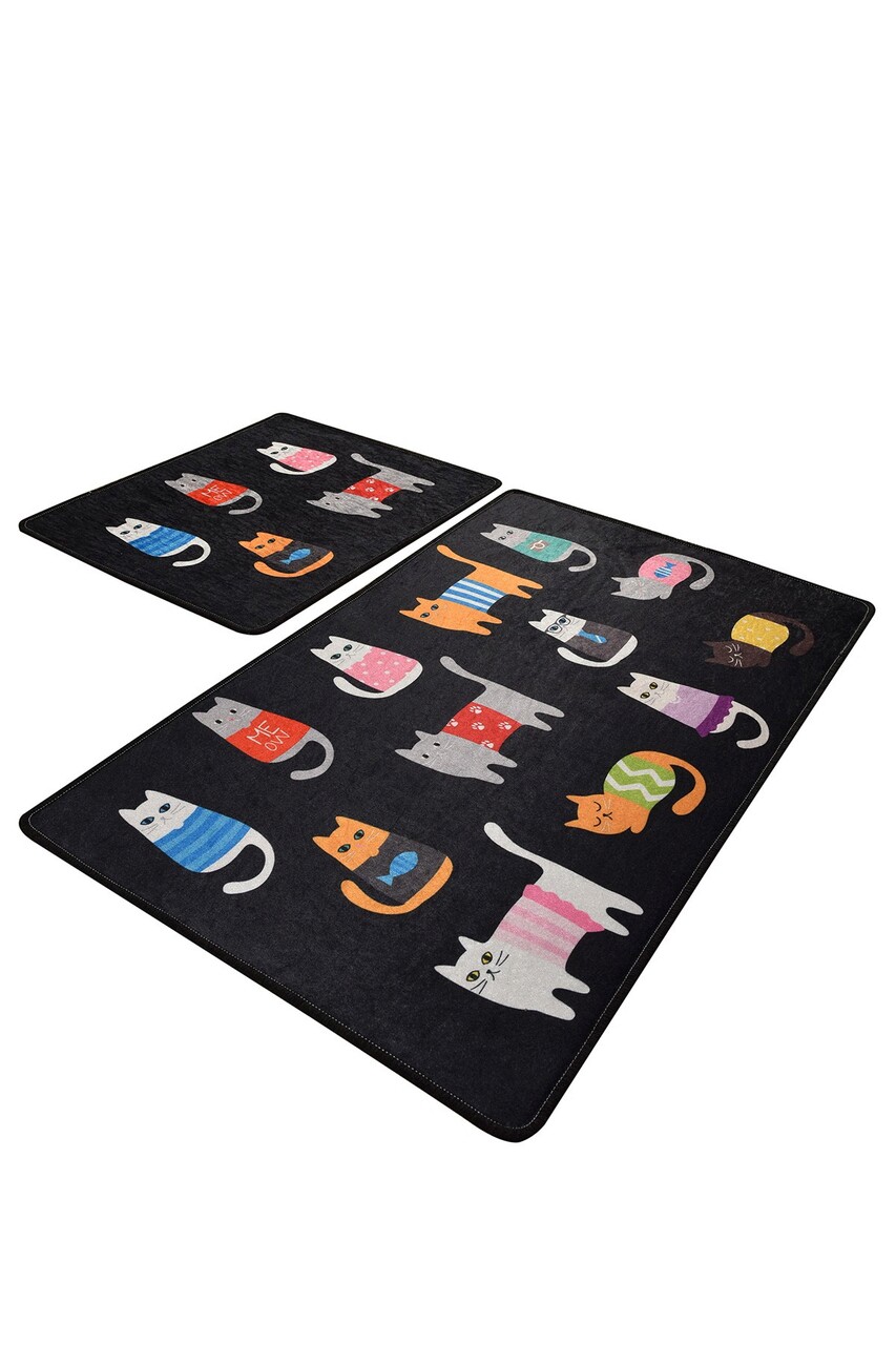 Set covorase de baie 2 piese, Chilai, Black Cats, Catifea, Multicolor - 1 | YEO