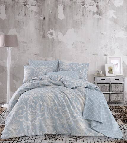 Lenjerie de pat dubla king size, EnLora Home, 162ELR68422, 3 piese, amestec bumbac, bleu/crem