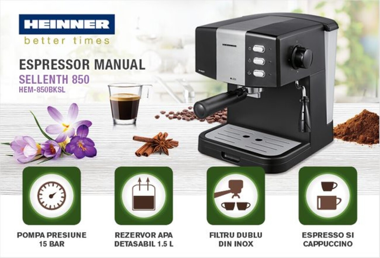 Espressor Heinner, 850 W, 1.5 L, negru - 1 | YEO