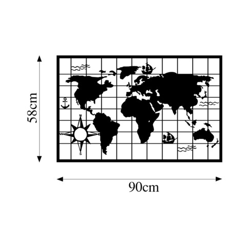 Decoratiune de perete, World Map 7, Metal, 90 x 58 cm, Negru