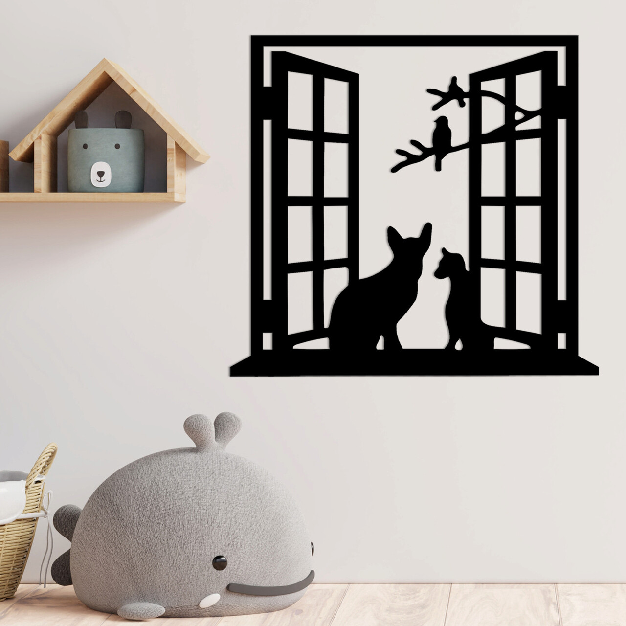 Decoratiune de perete, Cat In The Window, Metal, 100 x 92 cm, Negru - 2 | YEO