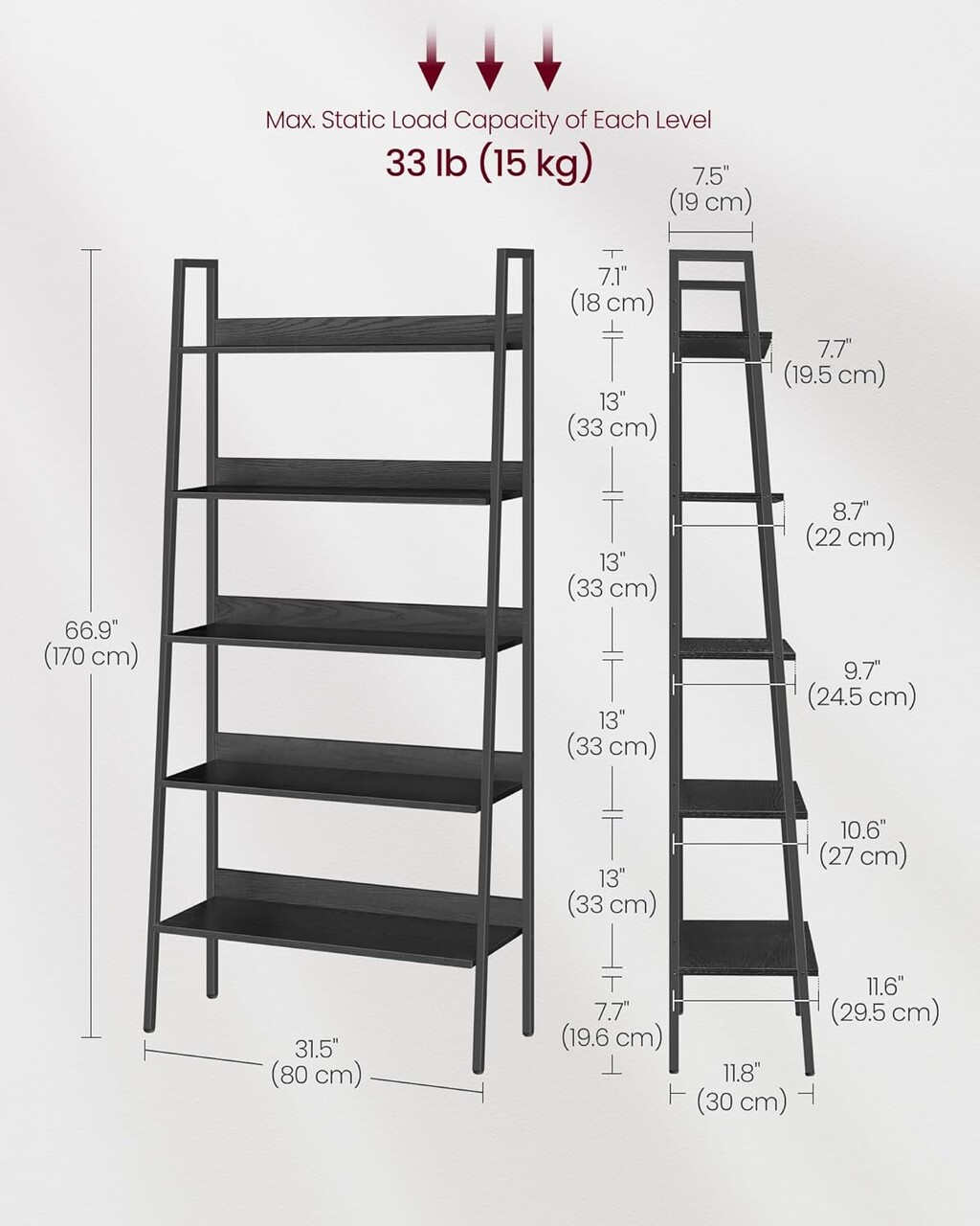 Biblioteca cu 5 niveluri Ladder, Vasagle, 80x30x170 cm, max 75 kg, PAL/otel, negru