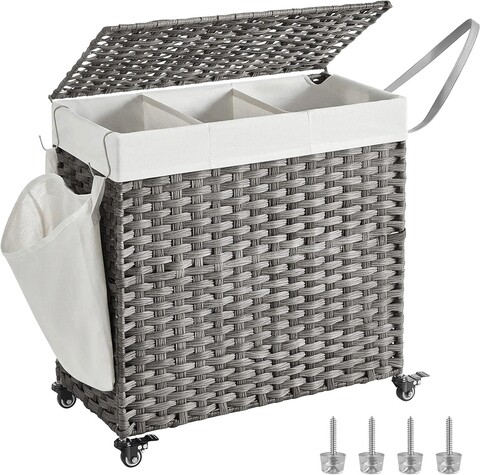 Cos de rufe tesut manual cu 3 compartimente, buzunar lateral si roti, Vasagle, 140 L, 66x36x60 cm, poliratan/metal/bumbac, gri