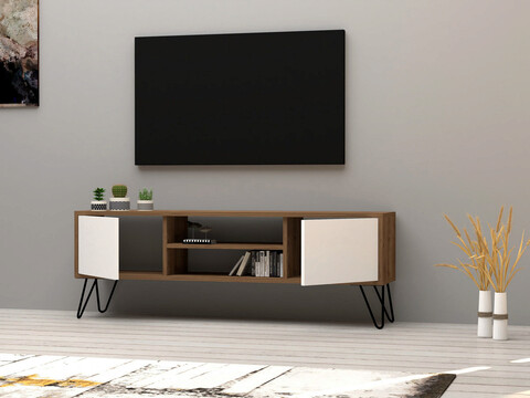 Comoda TV, Puqa Design, Eva, 140x50x30cm, PAL melaminat, Nuc / Alb
