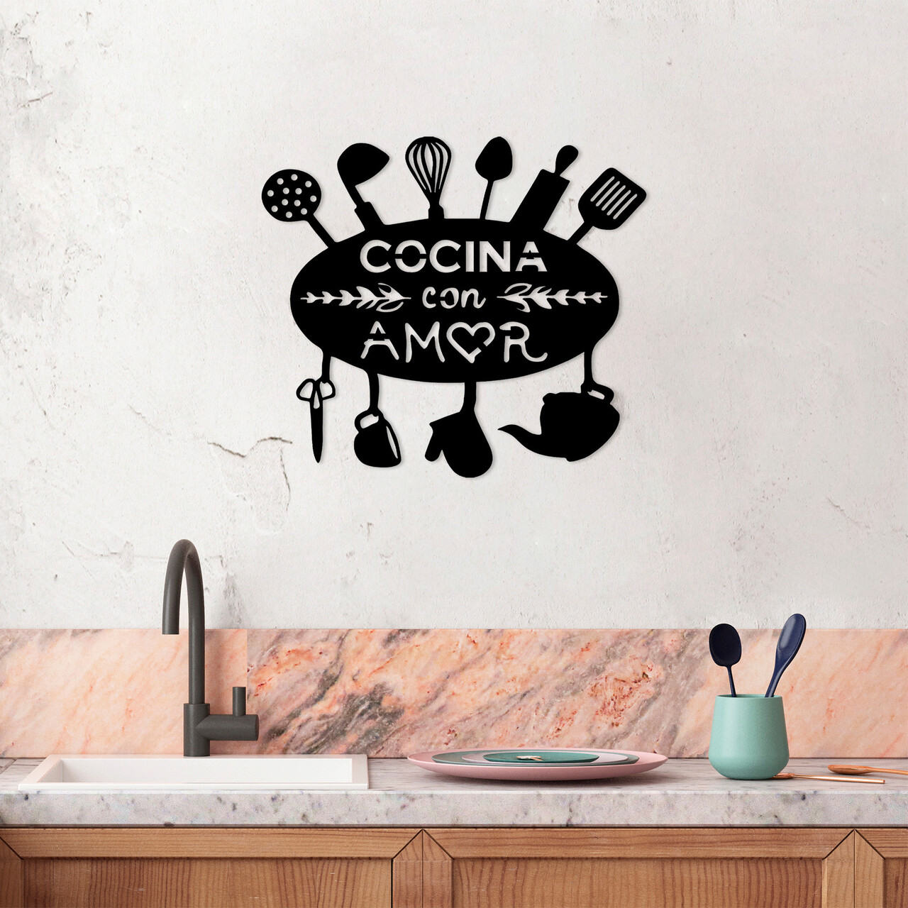 Decoratiune de perete, Cocina Con Amor, Metal, 49 x 1,5 x 43 cm, Negru - 1 | YEO