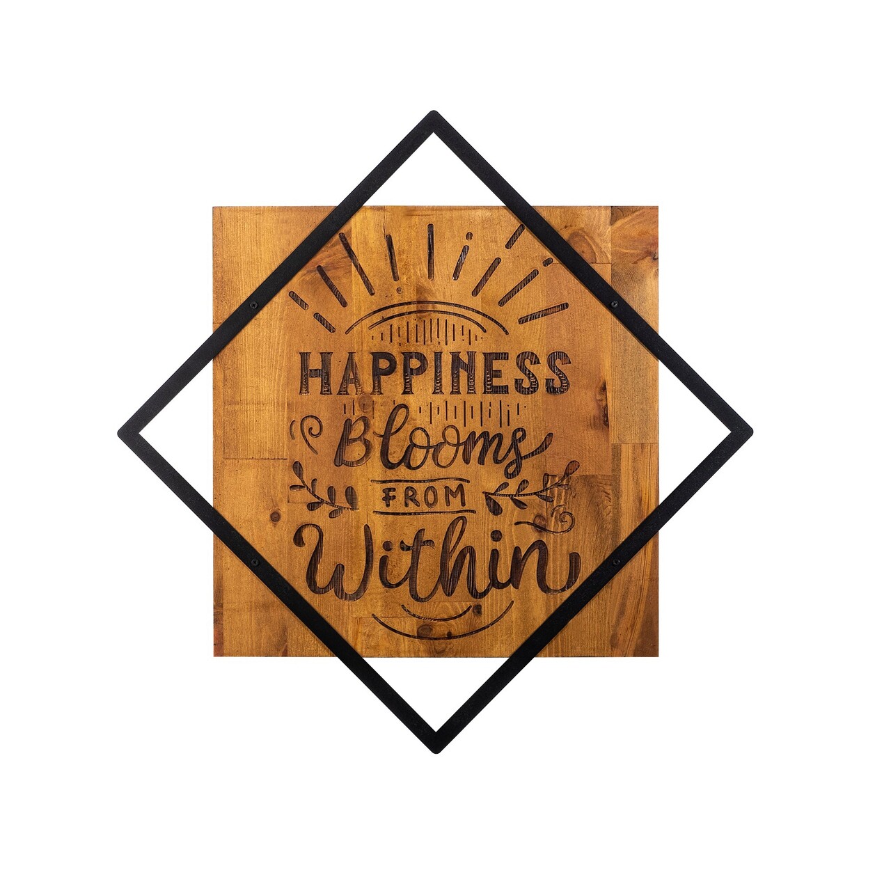 Decoratiune de perete, Happiness Blooms From Within, 50% lemn/50% metal, Dimensiune: 54 x 54 cm, Nuc / Negru - 1 | YEO