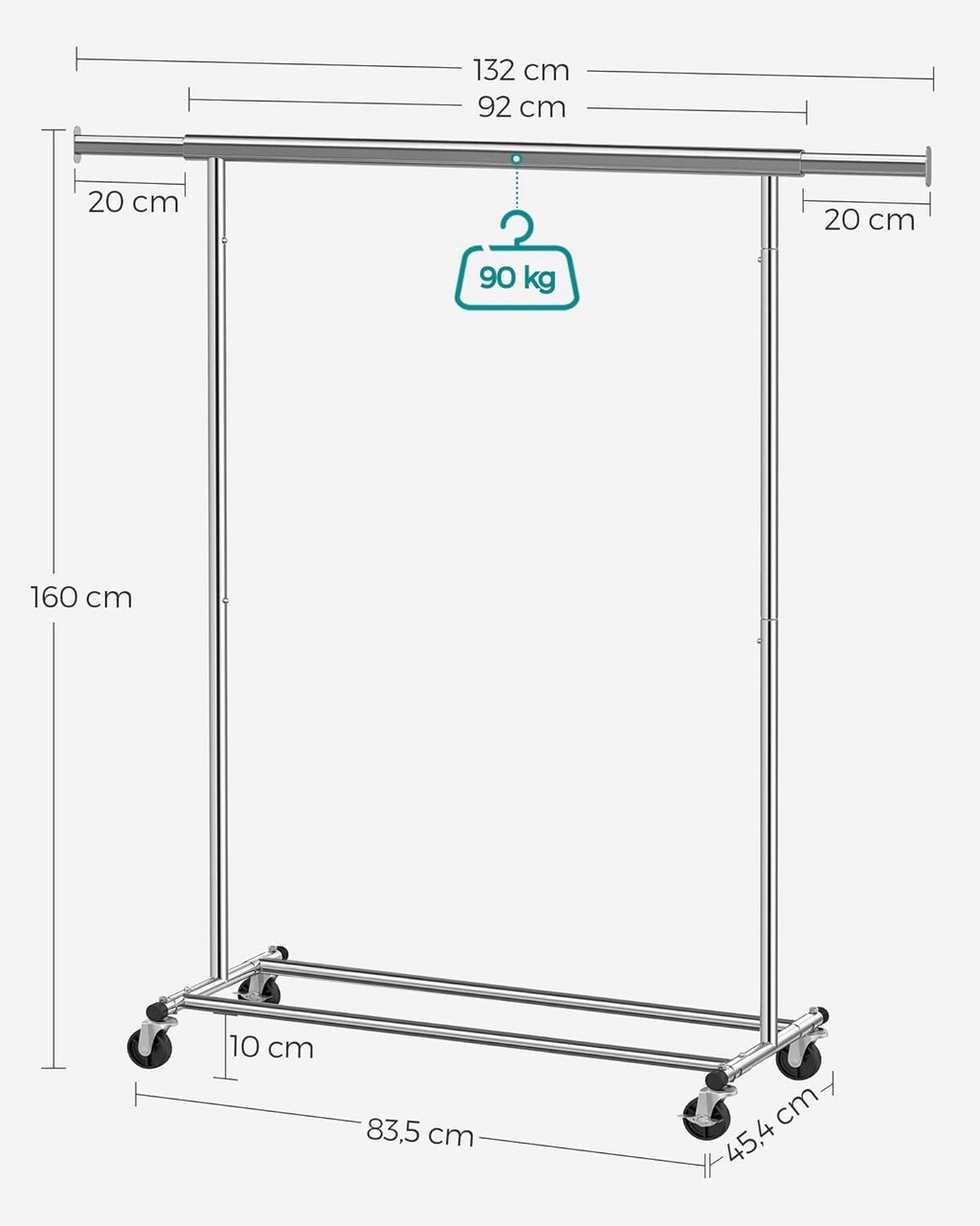 Suport mobil pentru umerase Vasagle, 92-132x45.4x160 cm, max 90 kg, extensibil, otel, argintiu