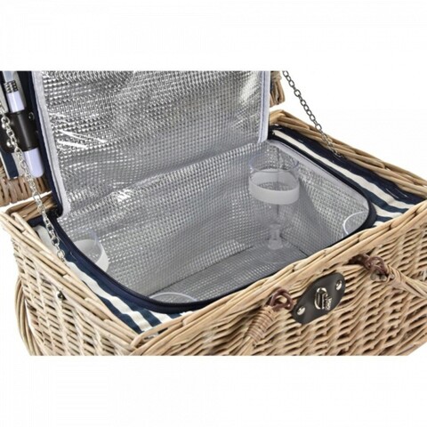 Cos de picnic pentru 4 persoane, DKD Home Decor, 41 x 33 x 23 cm , rachita/inox/poliester, natural/albastru