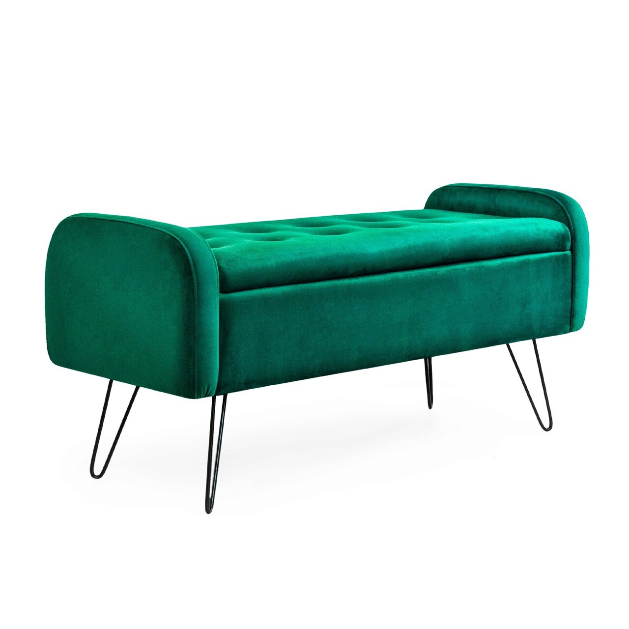 Bancheta cu spatiu pentru depozitare Venlo, Homla, 96x39x45 cm, catifea din poliester/metal/MDF, verde/negru