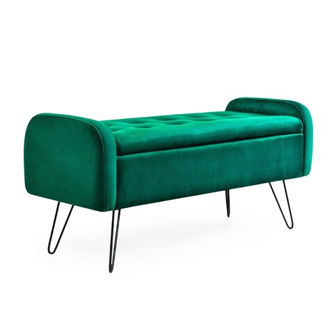 Bancheta cu spatiu pentru depozitare Venlo, Homla, 100x39x45 cm, catifea din poliester/metal/MDF, verde/negru