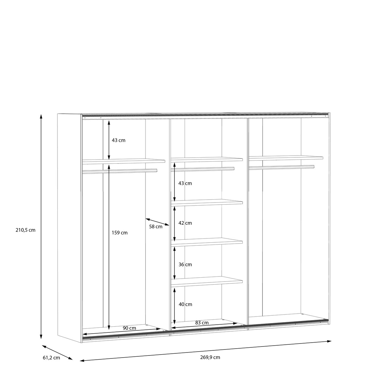 Dulap pentru haine Heusden, Bedora, 269.9x61.2x210.5 cm, PAL/metal, stejar