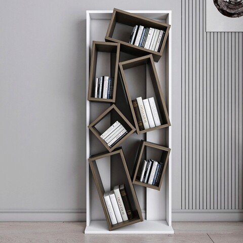 Corp biblioteca, Zena Home, Carmen, 63x153.6x24cm, 100% PAL melaminat, Alb / Nuc