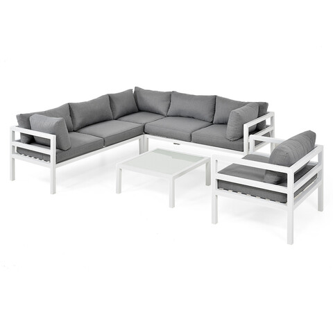 Set mobilier pentru exterior, 5 piese Madrid, 220x220x74 cm, aluminiu/poliester, alb/gri