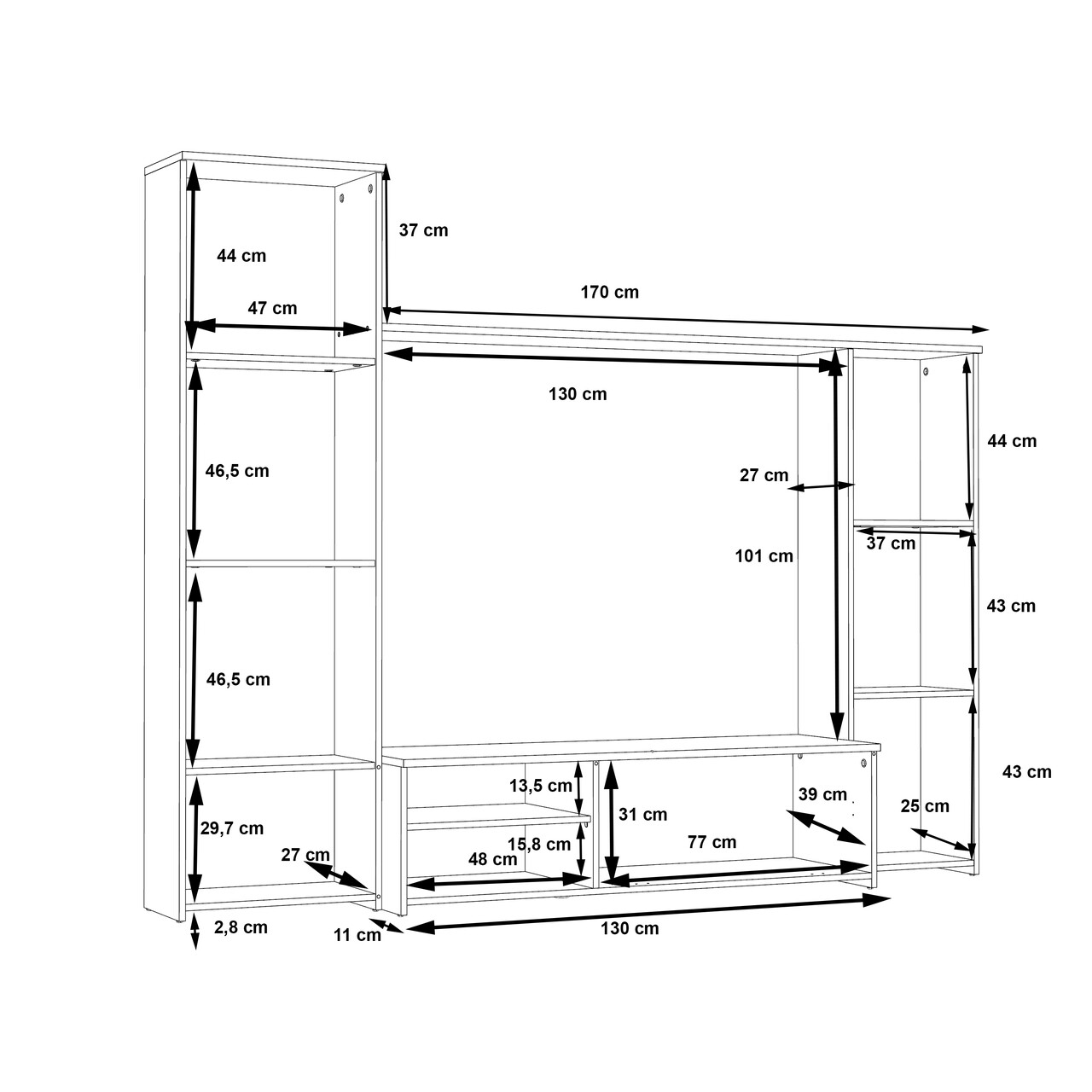 Set mobilier living 4 piese Raalte, Bedora, 220.4x41.3x177.5 cm, PAL/sticla/plastic, alb/gri deschis