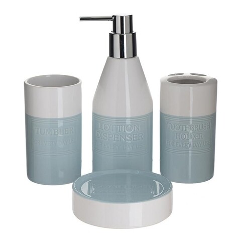 Set de baie din ceramica, InArt, 4 piese, alb/turcoaz