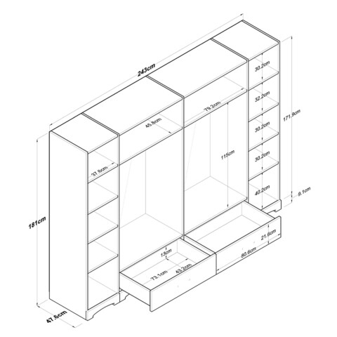 Dulap pentru haine, Rani, F4, 243x181x47.6 cm, PAL, Alb