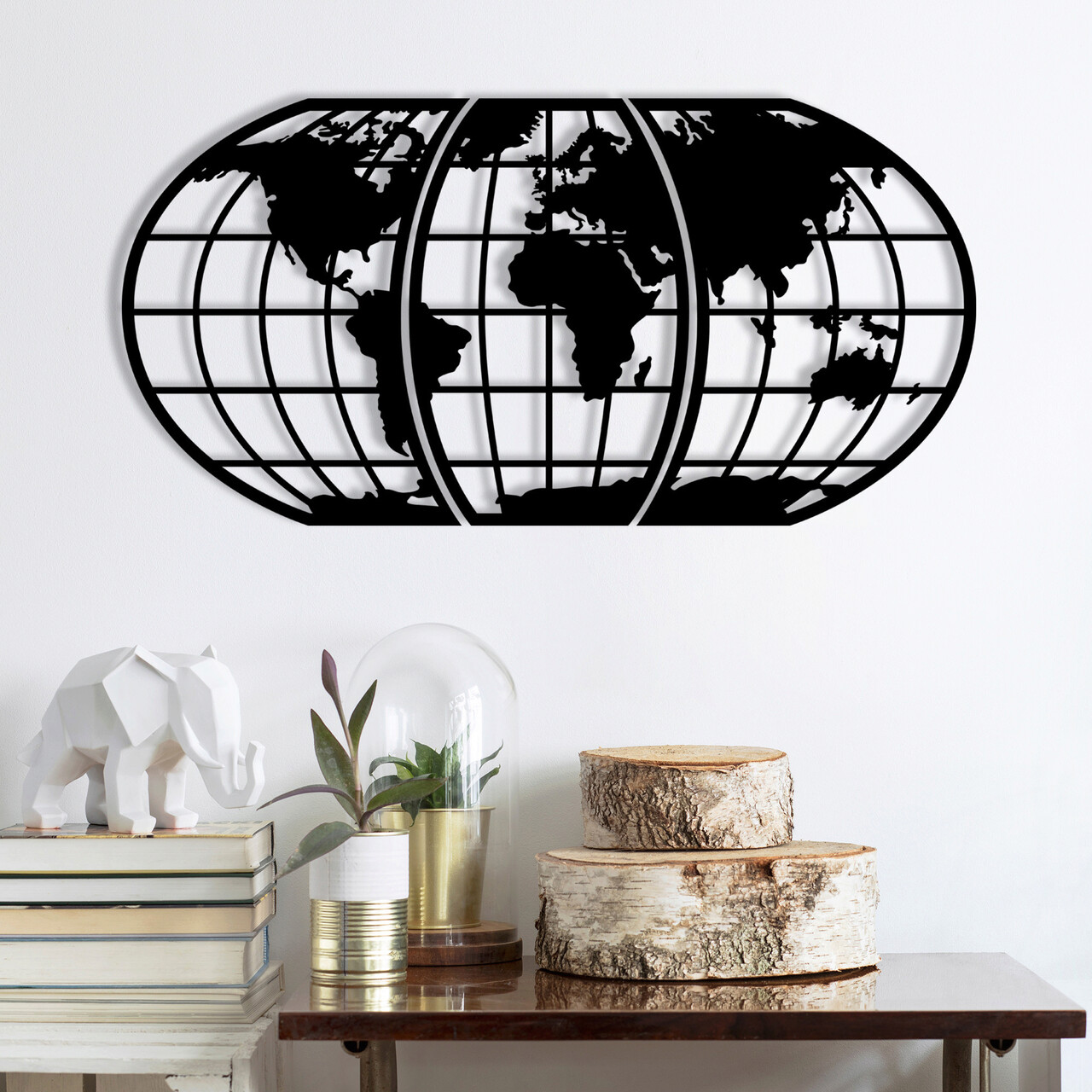 Decoratiune de perete, World Map 11, metal, 116 x 58 cm, negru