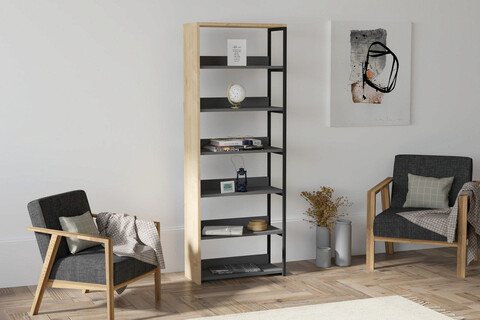 Corp biblioteca, Puqa Design, Hilal, 50x161.8x26cm, 100% PAL melaminat, Safir / Negru / Antracit