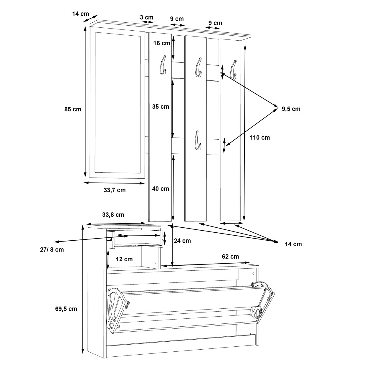 Set cuier si pantofar Ede, Bedora, 97.5x25x180 cm, PAL/plastic, stejar/alb