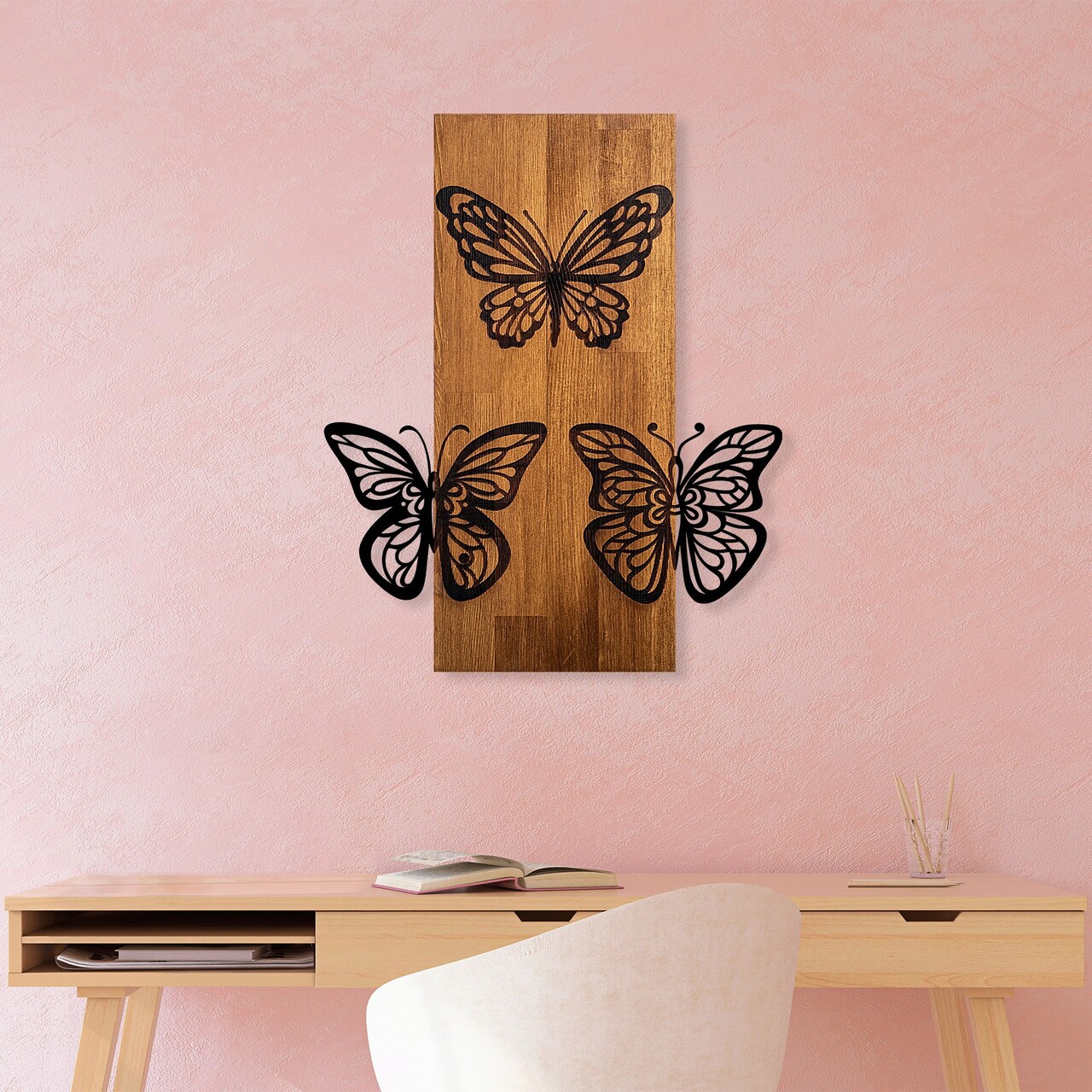 Decoratiune de perete, Butterflies 1, Lemn/metal, Dimensiune: 47 x 58 cm, Nuc / Negru - 1 | YEO