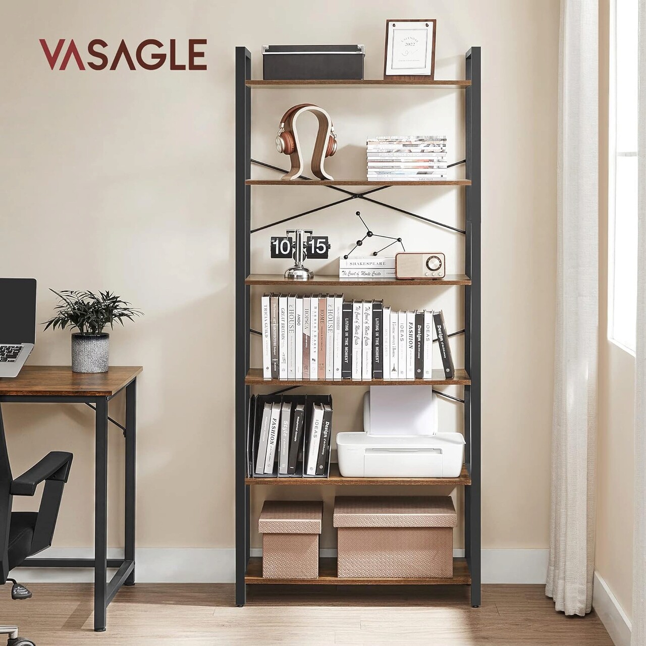 Biblioteca cu 6 rafturi Vasagle Ladder, 80x30x186 cm, PAL/otel, maro - 2 | YEO