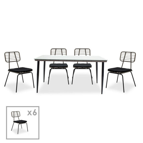 Set mobilier de gradina 7 piese Naoki, Pakoworld, masa si 6 scaune, metal/ratan sintetic, negru/gri