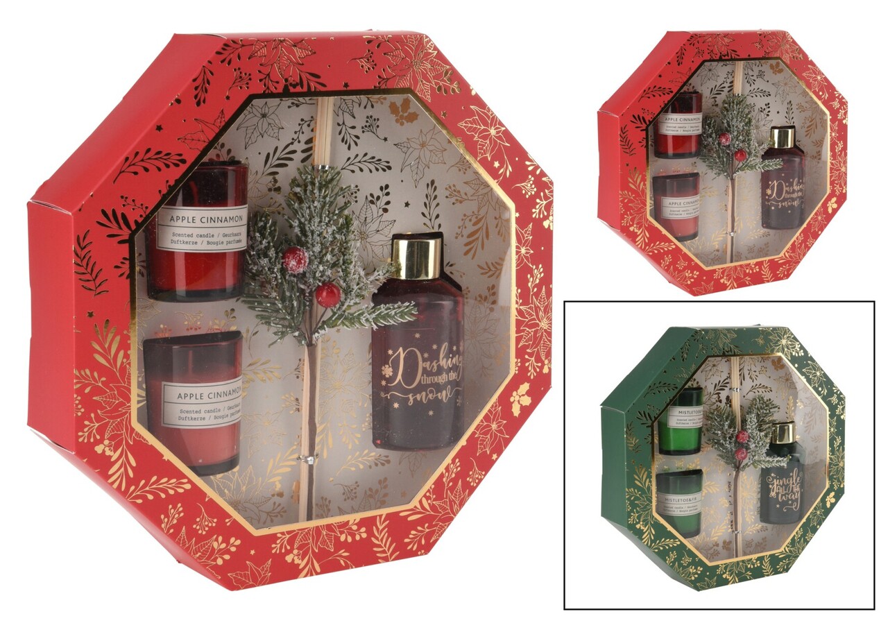 Set cadou aromaterapie Mistletoe Fir, 2 lumanari parfumate si difuzor cu betisoare, aroma vasc/brad, verde