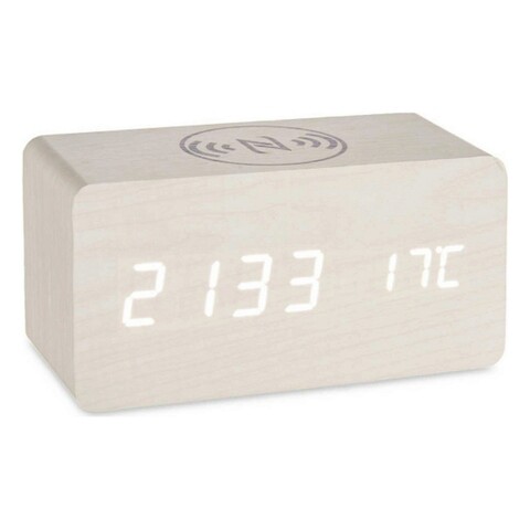 Ceas de masa cu alarma si incarcator wireless Connor, Gift Decor, 15 x 7 x 7.5 cm, MDF, alb antic