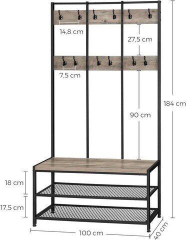 Cuier cu bancheta si pantofar Vasagle, 100 x 40 x 184 cm, PAL/otel, gri/negru