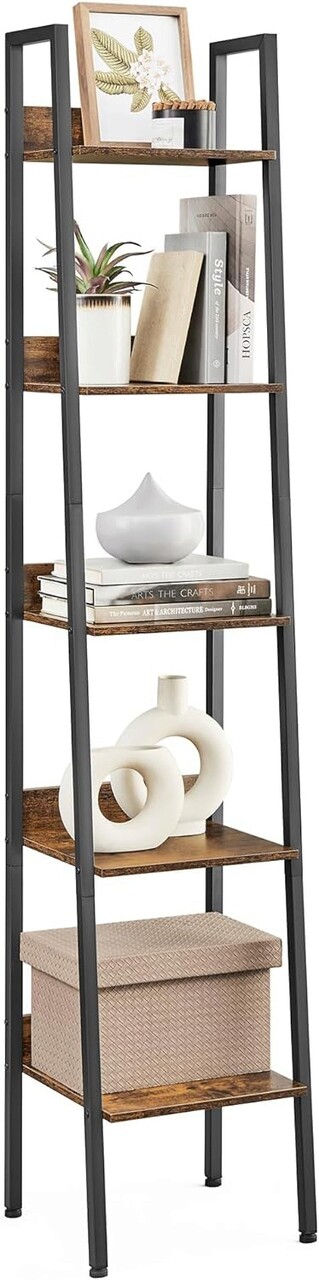 Biblioteca cu 5 rafturi Vasagle Ladder, 33.8x30x170 cm, PAL/otel, maro/rustic