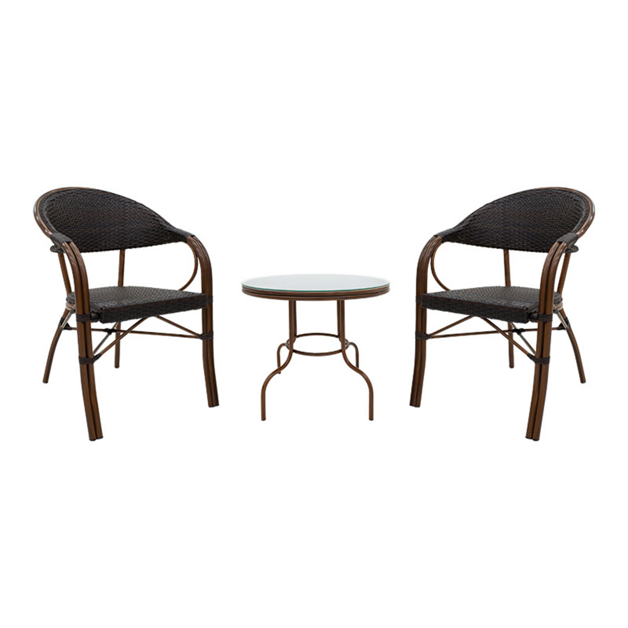 Set mobilier de gradina 3 piese Paula, Pakoworld, masa si 2 scaune, 60x60x60 cm, metal/sticla/ratan sintetic, maro