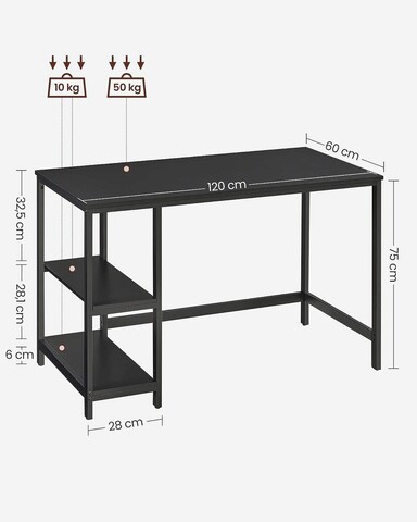 Birou, Vasagle, Alinru, 120 x 60 x 75 cm, PAL/otel, negru