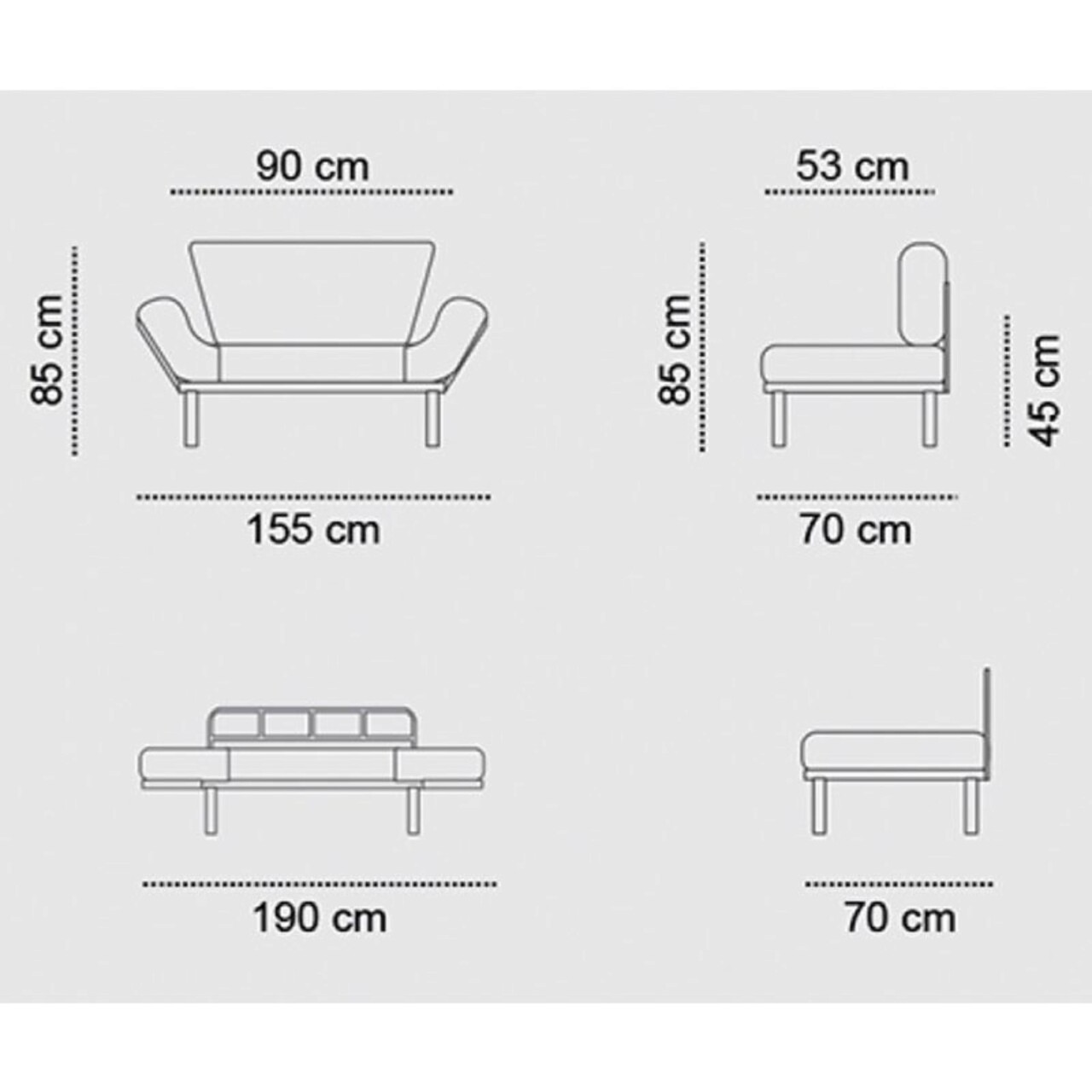 Canapea extensibila 2 locuri PWF-0018, Pakoworld, 155x73x85 cm, metal/textil, negru/gri