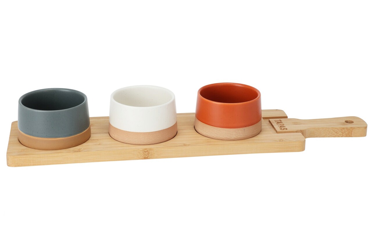 Set pentru servire aperitive 4 piese, Excellent Houseware, 48x12x1.5 cm / 9.5x4.5 cm, bambus/portelan, multicolor - 1 | YEO