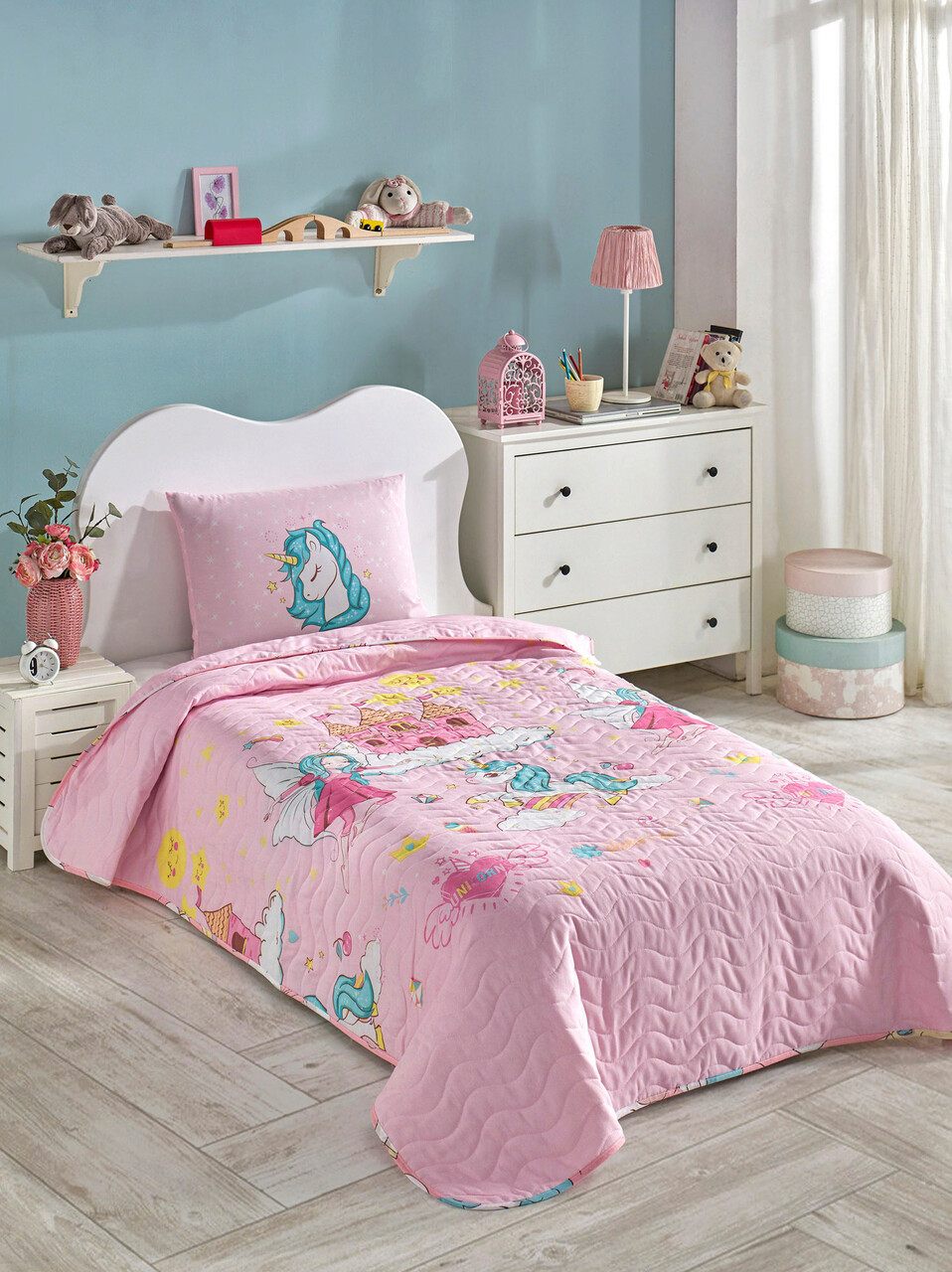 Set cuvertura Single 160x220 cm, 2 piese, Unicorn Dreams - Pink, Eponj Home, 65% bumbac/35% poliester