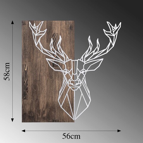 Decoratiune de perete, Deer1, 50% lemn/50% metal, Dimensiune: 56 x 58 cm, Nuc / Argint