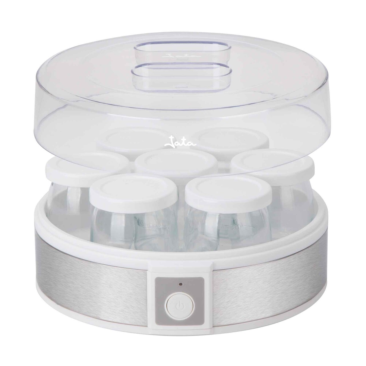 Aparat pentru iaurt, 7 borcane cu capac Jata, 24x12.5 cm/180 ml/20W, inox, transparent