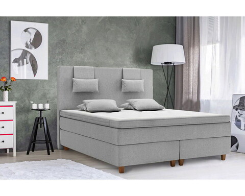 Pat matrimonial boxspring, Borgholm, 180x200 cm, saltea arcuri Pocket, topper, Gri deschis