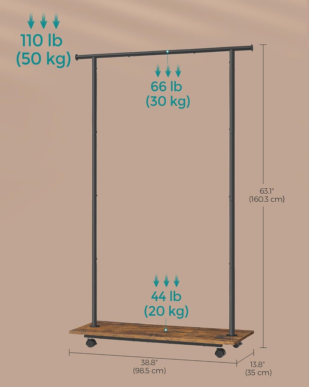 Suport mobil pentru umerase Wide, Vasagle, 98.5x35x160.3 cm, max 50 kg, PAL/otel, maro/negru