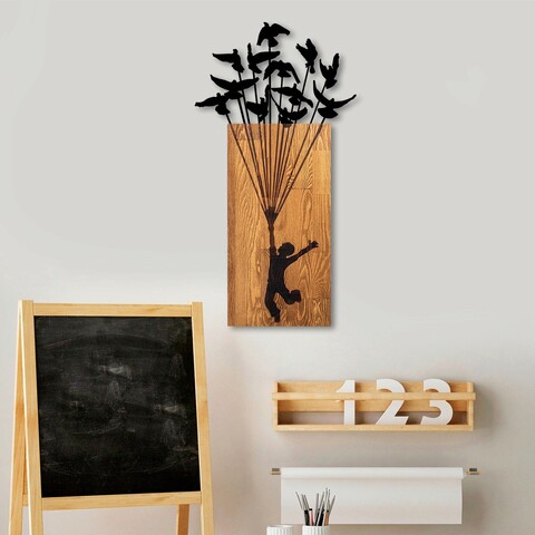 Decoratiune de perete, Flying Boy 1, Lemn/metal, Dimensiune: 45 x 86 cm, Nuc / Negru