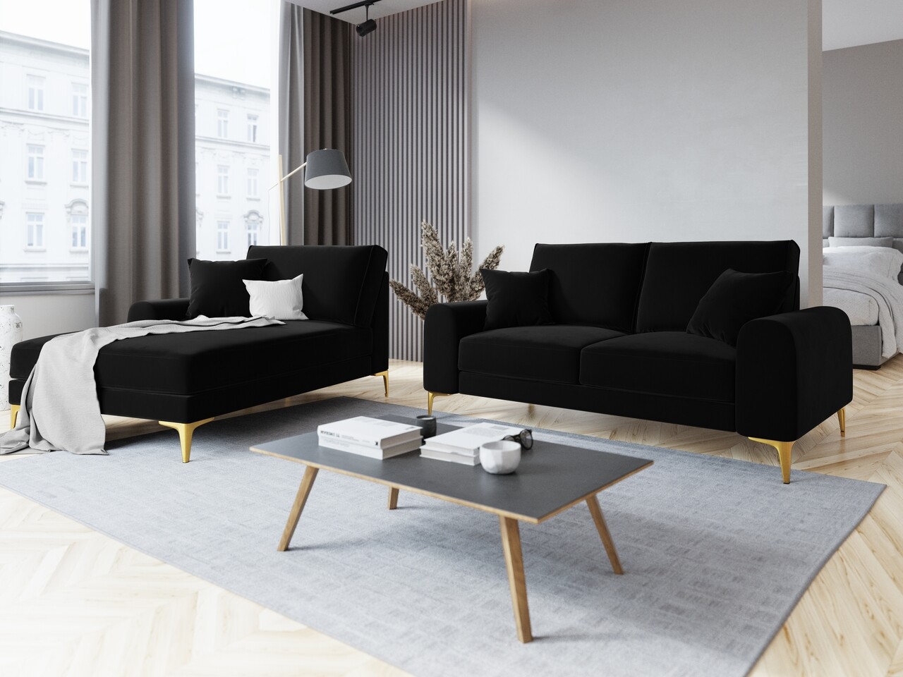 Sezlong living stanga, Madara, Mazzini Sofas, gold legs, 102x182x90 cm, catifea, negru