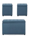 Set 3 taburete cu spatiu de depozitare Derrick, Bizzotto, 40x40x40 cm/89x48x51 cm, lemn de pin/poliester Boucle, albastru