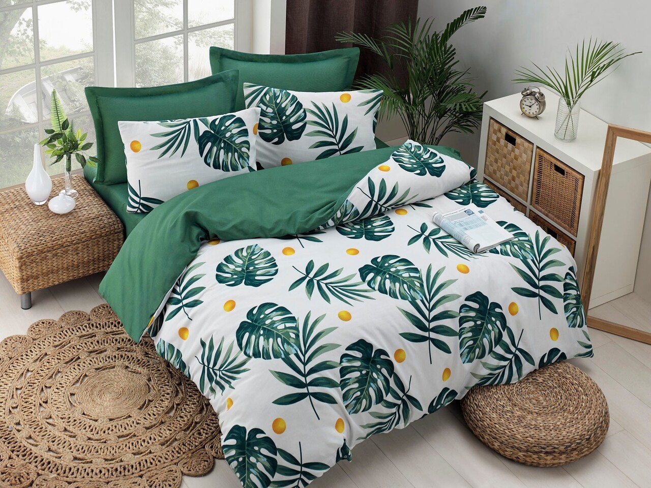 Lenjerie de pat dubla King, 3 piese, 220x240 cm, amestec bumbac, EnLora Home, Monstera, verde