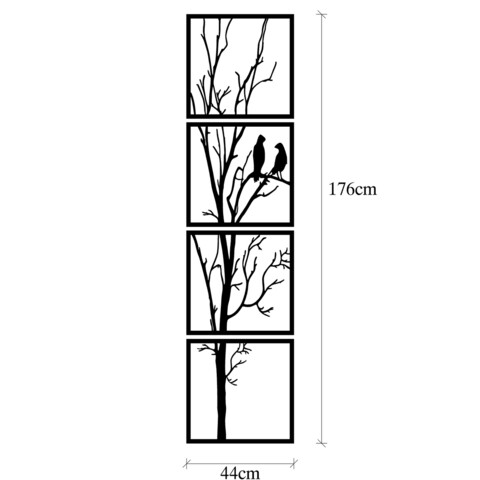 Decoratiune de perete, Tree And Birds B, Metal, 44 x 44 cm, 4 piese, Negru