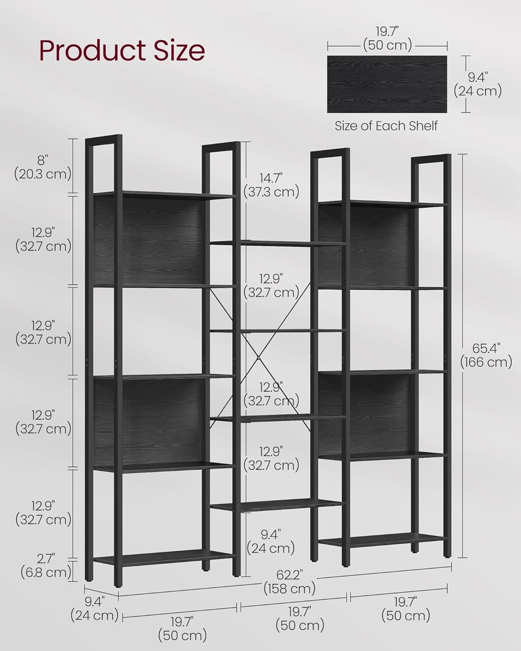 Biblioteca Ebony, Vasagle, 158x24x166 cm, PAL/otel, max 140 kg, negru