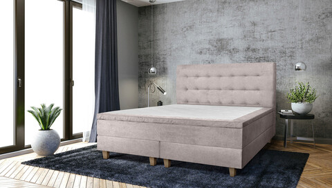 Pat matrimonial, Stockholm, Buttons E, 180x200 cm, saltea tip Pocket, topper memory, Taupe