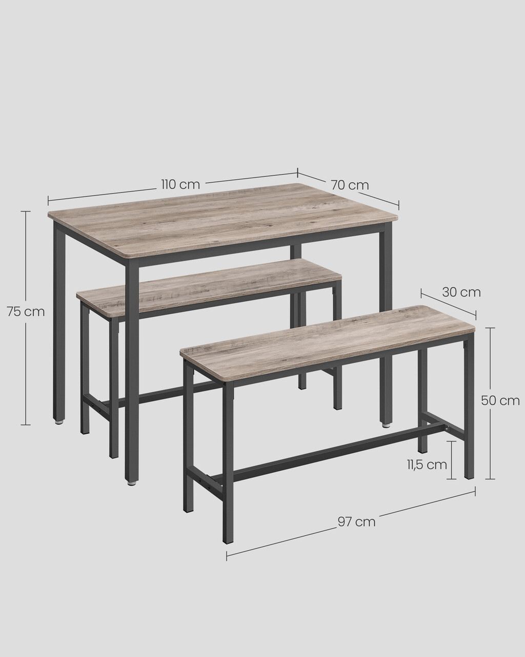 Set masa dining si 2 banci Vasagle, 110x70x75 cm/97x30x50 cm, PAL/otel, gri/negru