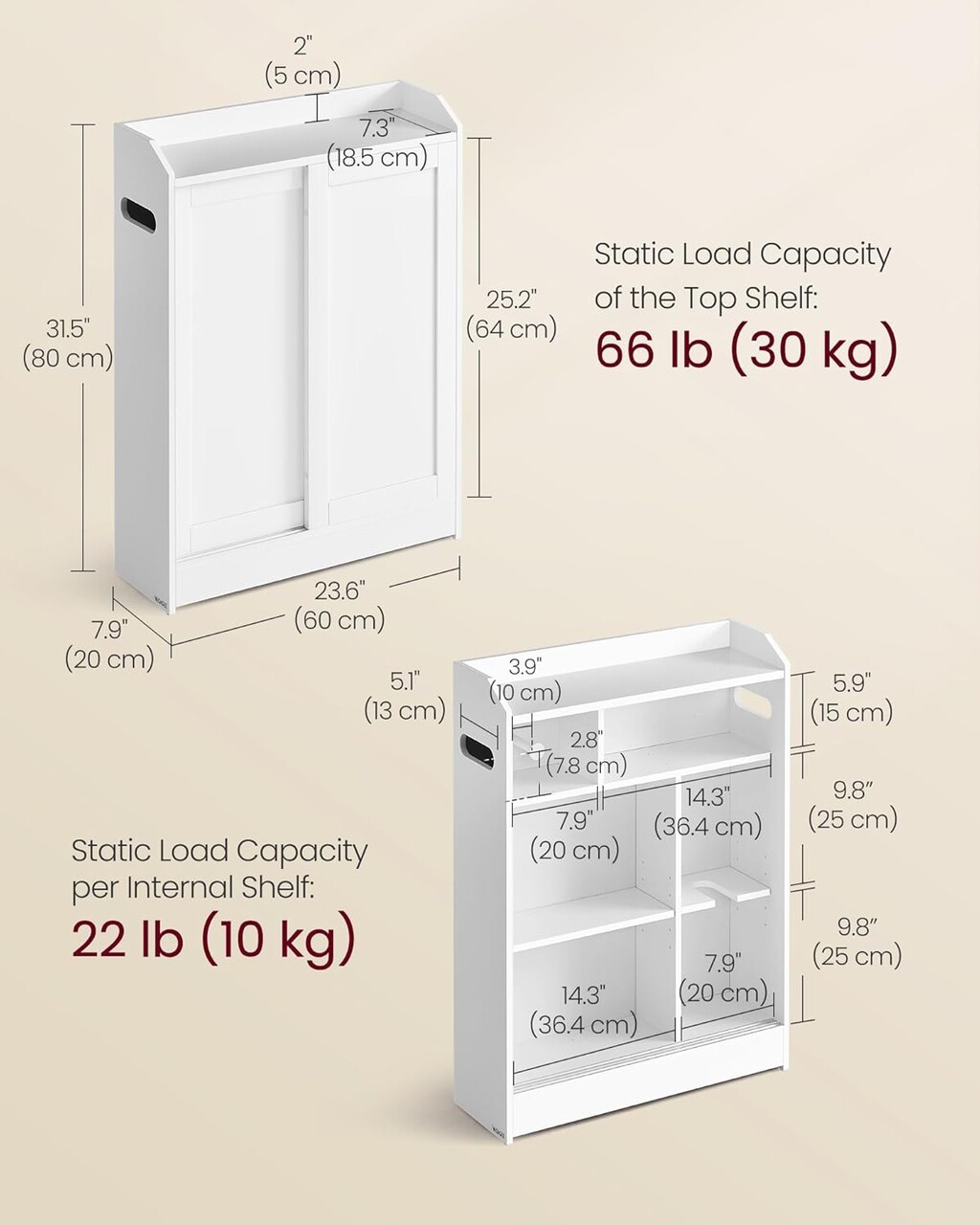 Dulap ingust de baie cu suport hartie igienica si compartiment perie toaleta, Vasagle, 60x20x80 cm, MDF/otel, alb nor